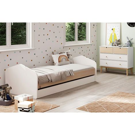 KAINA - Pack Lit 90x200cm avec Tiroir + Commode 4 Tiroirs Coloris Blanc et Naturel (1/5)