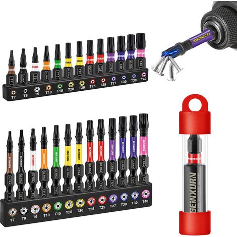 Lot de 26 Embouts de Vissage aux Chocs T7-T40 25mm 50mm, Jeu d'embouts Magnétique pour Visseuse Tournevis Tige Hexagonale 1/4" S2 en Acier Allié avec 1 Porte-embout de 60mm, Code Couleur (1/5)