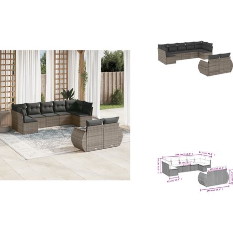 9-tlg. Garten-Sofagarnitur mit Kissen Grau Poly Rattan - Gartenmöbel Set - PE-Rattan Möbel - Outdoor Lounge - Garten Sofa - Wetterfeste Gartenmöbel (1/3)