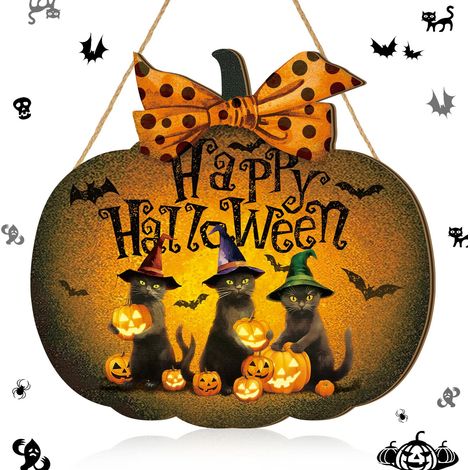 Panneau de bienvenue en bois en forme de citrouille d'Halloween - Design rustique vintage avec chats noirs et lanternes Jack-O'-Lanterns, décoration à motif d'horreur effrayante pour fête intérieure/e