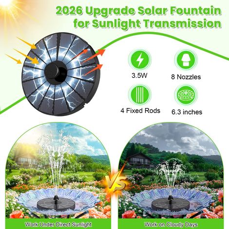 Fontaine Solaire Flottante 3.5W avec Batterie 2000mAh, Solaire Flottant Extérieur Fontaine Pompe Bassin Solaire avec 8 Buses & 4 Tiges Fixes, pour Bain d'oiseaux, Piscine, Jardin Fontaine