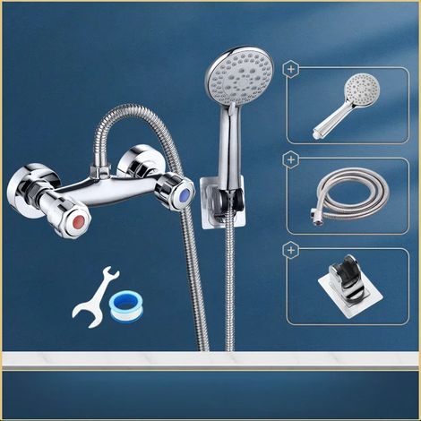 (Ensemble rond) Robinet de salle de bain avec mitigeur, double poignée, double commande, fixation murale, mitigeur, douche et baignoire, eau chaude et froide. (1/5)