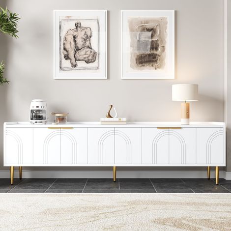 Meuble TV blanc 170 x 35 x 47,5 cm, portes sculptées 3D, rangements, passe-câbles, poignées et pieds en métal doré (1/5)