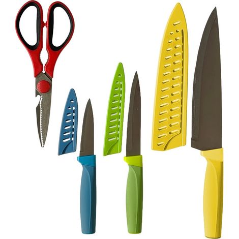 TrAdE Shop Traesio - Set 3 Coltelli Chef Frutta Multiuso Con Coprilama + Forbici In Acciaio Utensili Da Cucina - (1/2)