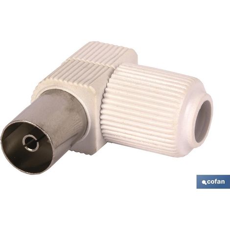 COFAN conector antena hembra codo (9,5mm) , Conector de antena de TV con forma de codo. Vías de entrada macho-hembra. Longitud 9,5 mm. Color Blanco.