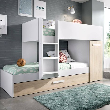 Dmora - Kinderbett Eiger, Komplettes Schlafzimmer mit Kleiderschrank und Schublade, Etagenbettkomposition mit zwei Einzelbetten, 244x112h150 cm, Eiche und Weiß (1/5)