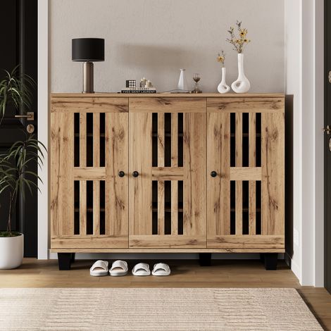 Aparador 120x32x92 cm color madera natural en tablero de partículas con 3 puertas y 8 compartimentos (1/5)