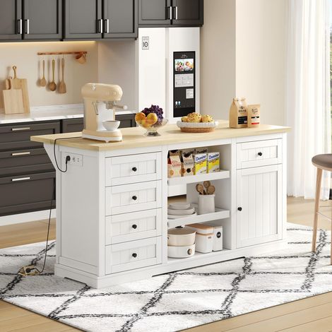 Buffet - Armoire-bar - Plaque rabattable - Prises intégrées - Blanc - 150×65×75 cm (1/5)