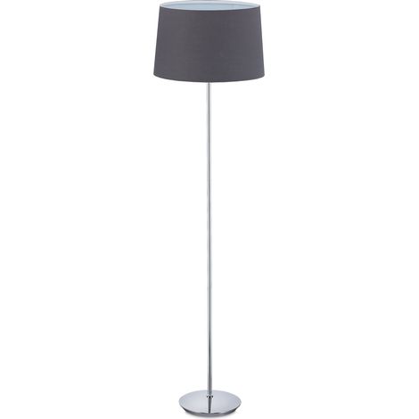 Relaxdays Stehlampe mit Stoffschirm, verchromter Fuß, E27 Fassung, Ø 40 cm, Wohnzimmer, Stehleuchte 148,5 cm hoch, grau