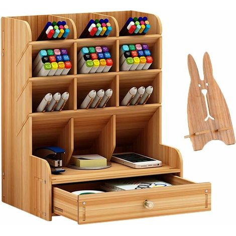 Green Mobility-Organiseur de stylos en bois, boîte porte-stylos multifonctionnelle, stationnaire de bureau, assemblage facile, rangement pour fournitures d'art de bureau à domicile avec tiroir (B11-co (1/5)