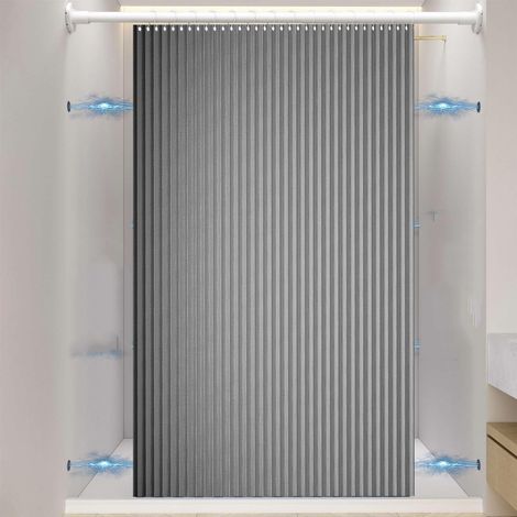 Rideau de douche pliable en lin 150 x 200 cm, magnétique et étanche, avec crochets métalliques, idéal pour les hôtels et les baignoires, gris (1/5)