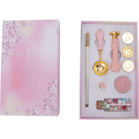 Magnifique ensemble de tampons à cire, motif floral, avec manche en bois, cuillère en bois et cuillère à cachet. (1/5)