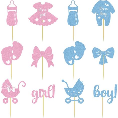 24 décorations pour cupcakes de révélation du sexe de bébé : décorations en papier pailleté, bouteilles, nœuds, bodies, pantalons, robes et pieds pour une fête réussie Cupcake Toppers (1/5)