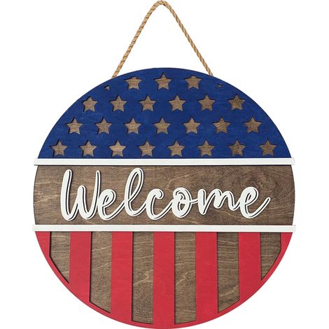 Pancarte en bois "Bienvenue" pour la Fête Nationale Américaine, décoration suspendue pour porte d'entrée, panneau de porche pour fête patriotique du 4 juillet, style ferme.