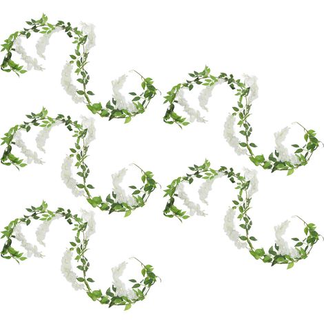 Guirlande de 5 fleurs artificielles en glycine et rotin, blanches, pour la décoration de la maison, des fêtes et des mariages.