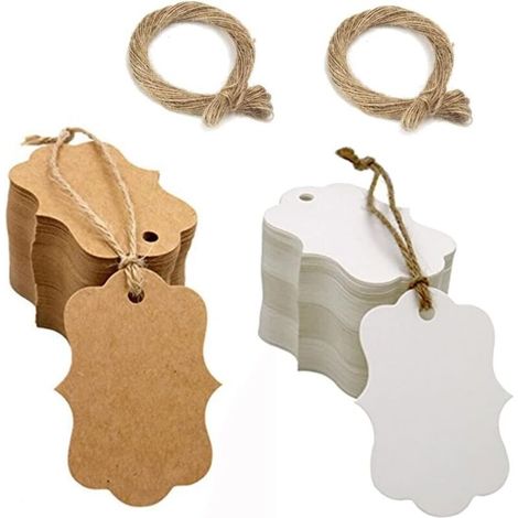 200PCS Étiquettes Papier Kraft Étiquette Cadeaux, 5x3cm Étiquettes Kraft Étiquettes Vierges avec 40m Ficelle de Jute pour Saint Valentin Mariage Anniversaire Noël Artisanat, Marron et Blanc (1/5)