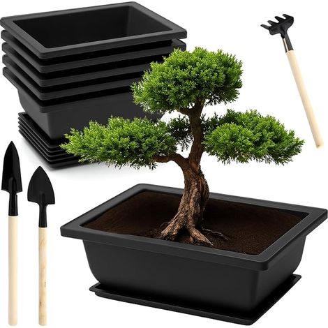 Pot à Bonsaï avec Plateaux et Ensemble D'outils de Jardinage, 16,5 × 12 × 6 Cm Petit Pot de Fleur Plastique Réutilisable pour Jardins Bureaux Salons Balcons (1/5)