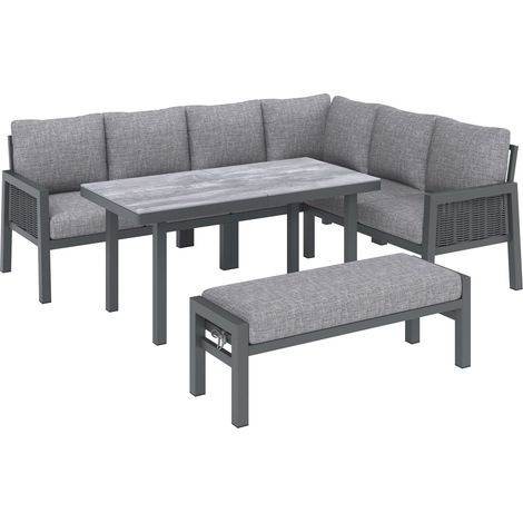 CAIziEnsemble repas de jardin, mobilier de jardin 8 personnes, configuration d’angle, fer galvanisé, plateau en verre, corde en PE tressée à la main, comprend tables à manger, bancs et canapés, gris