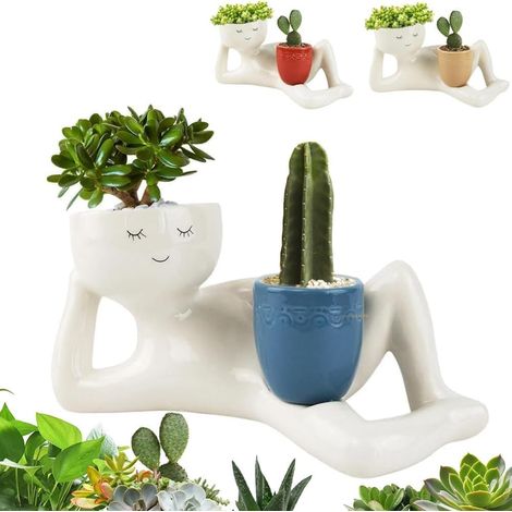 Maceta de resina con carita sonriente (azul) – Doble orificio de drenaje – Para suculentas o cactus – Bonita silueta alargada – Regalo para el hogar y el jardín