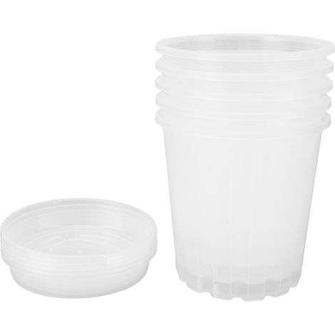 Juego de 5 macetas para orquídeas con orificios de drenaje y platillos, fabricadas en plástico transparente transpirable, para uso interior y exterior, tamaño mediano NF140 y platillos transparentes 1 (1/5)