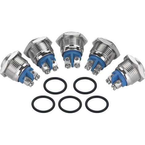Lot de 5 mini-interrupteurs à bouton-poussoir étanches en métal 2 broches (tête convexe), 16 mm, 250 V