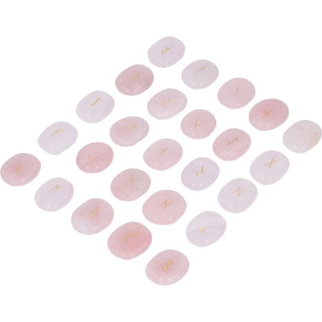 Ensemble de 25 pierres runiques naturelles, pierres de méditation sculptées et polies pour la divination et l'harmonisation des chakras, quartz rose (1/5)