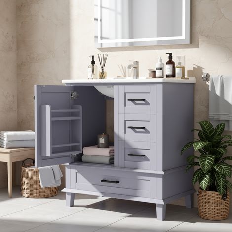 URBAN MEUBLE Meuble vasque gris laqué sur pied 76x46x83,5cm, vasque en céramique, porte et 3 tiroirs silencieux (robinet non inclus)