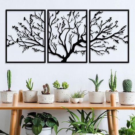 Décoration murale en métal 3 panneaux Ornement branche d'arbre moderne branche d'arbre pour la décoration murale de la maison (53in x 23,6in) (1/5)