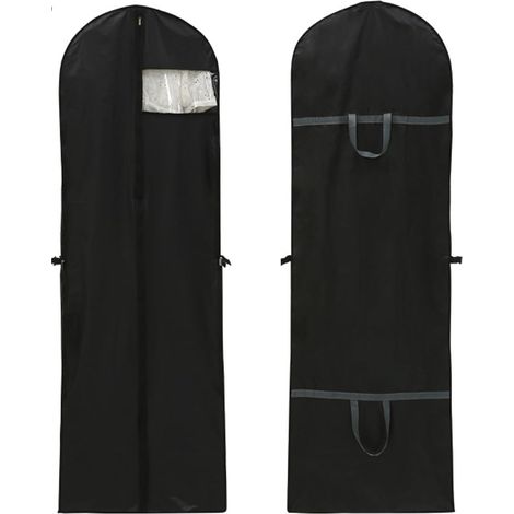 Custodia per abito da sposa e damigella, copriabito lungo pieghevole bianco (con cerniera), borsa porta abiti lunghi da donna (con manici), confezione da 2 (nera) (1/5)