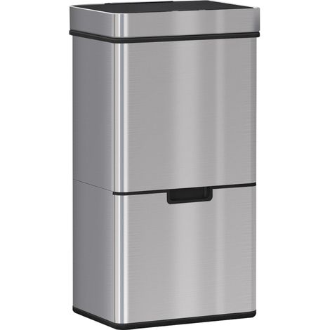 Poubelle à capteur de tri 72 L en acier inoxydable argentée, 3 compartiments, ouverture automatique sans contact pour cuisine et recyclage - CHICFURN (1/5)