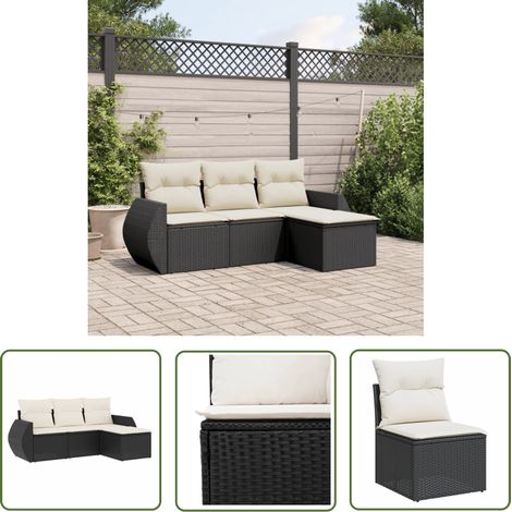The Living Store Salon de jardin 4 pcs avec coussins noir résine tressée - Ensemble Salon De Jardin - Meubles De Jardin - Salon Extérieur - Mobilier De Jardin - Chaise Longue (1/5)