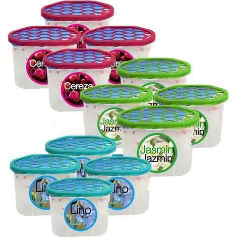 Lot de 12 déshumidificateurs absorbeurs d'Humidité parfumés, Lin,Cerise et jasmin (4 lin, 4 cerise ,4 jasmin), capacité 650 ml (1/5)
