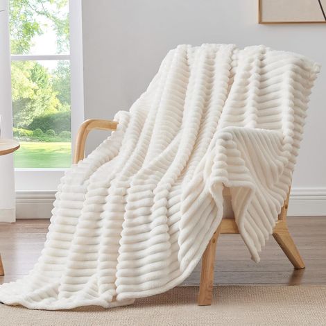 Lot de 2 couvertures en laine pour canapé et lit - Ultra douces et chaudes, jeté décoratif à rayures ivoire, 152 x 203 cm - Idéales pour hommes et femmes, un choix parfait (1/5)