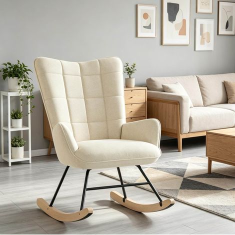 Poltrona a dondolo 80x67,5x95 cm beige, schienale alto, velluto e legno MEUBLIV (1/5)