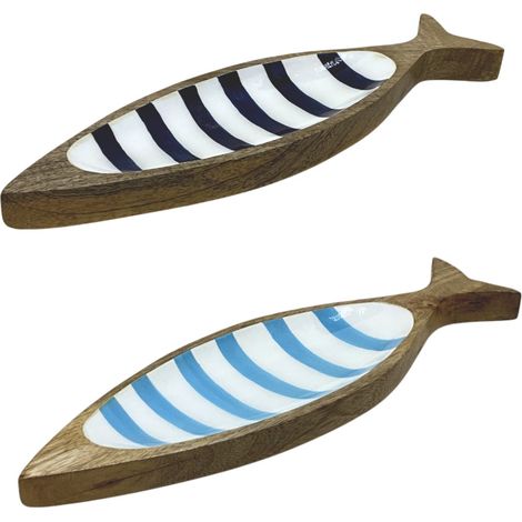 Vassoio in legno a forma di pesce con strisce blu e bianche - NUOVO