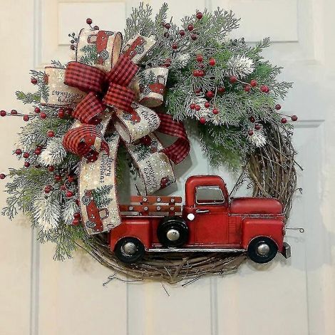 Couronnes de Noël pour porte d'entrée, Couronne de porte vintage camion rouge, Guirlande de Noël, Décorations de porte de Noël, Couronne d'automne et d'hiver (1/5)