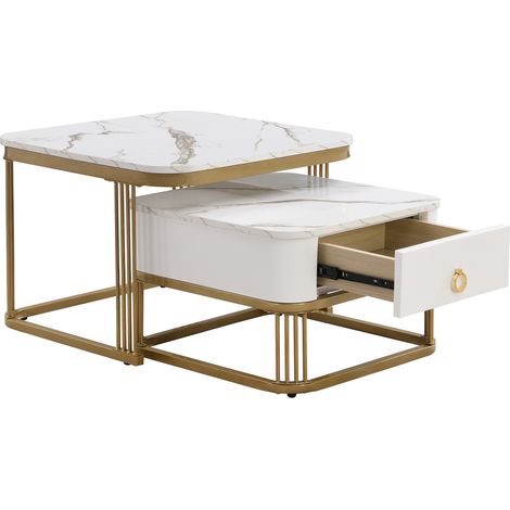 2er-Set stapelbarer Couchtisch in Weiß-Marmoroptik und Gold mit Schublade (1/5)