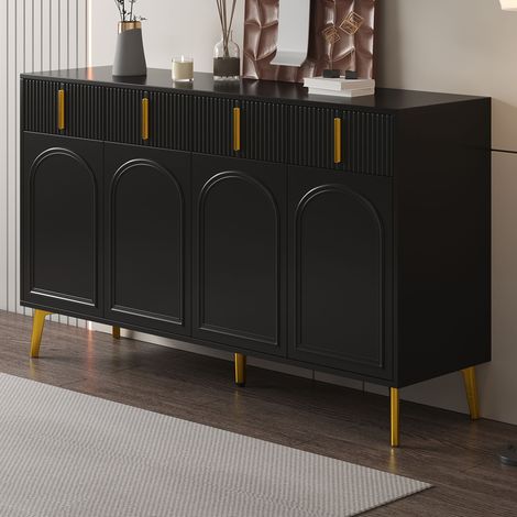Sideboard - 140 x 38 x 82 cm - 4 bogentüren, 4 schubladen, goldene beine, griffe, verstellbare einlegeböden - moderner stil - mdf - schwarz (1/5)