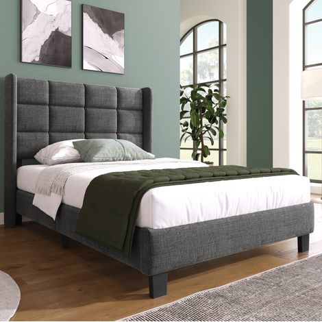 Cama tapizada de lino gris 90x200 cm con cabecero acolchado y somier de láminas incluido (1/5)