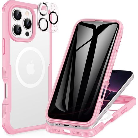 Magnétique Anti Espion Coque iPhone 16 Pro, Compatible avec MagSafe intégré Verre Trempé Protection écran et Protecteur Caméra, Antichoc Téléphone Housse Double Face Etui Intégrale - Rose (1/5)