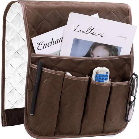 Organiseur pour Accoudoir de Fauteuil, Canapé Chaise Protetor Housse, Suspendre Poches Economie D'espace, Sac De Rangement Antidérapant pour Téléphone, Livre, Magazines, Télécommande TV, Marron- (1/5)