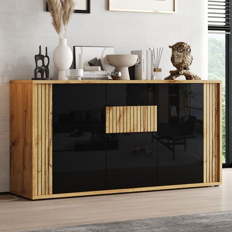Sideboard 140 x 35 x 71 cm aus MDF, Schwarz und Holz, 6 Fächer – MEUBLIV (1/5)