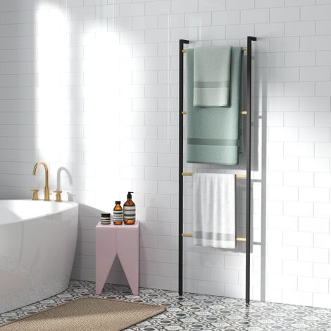 Porte-serviettes mural pour salle de bain avec 4 barres en bambou et structure en acier, 49 x 5,5 x 167,5 cm, noir et naturel (1/5)