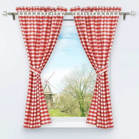 2er Set perforierte Verdunkelungsvorhänge mit 2 karierten Fensterdekorationen für Innenbereich Schlafzimmer rot H/B 120/80 cm