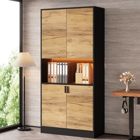 MODFU – Armadio alto 80x35x180 cm in truciolato con LED, ripiani regolabili, ante ammortizzate e carico 50 kg per ufficio o ingresso – Nero/rovere (1/5)