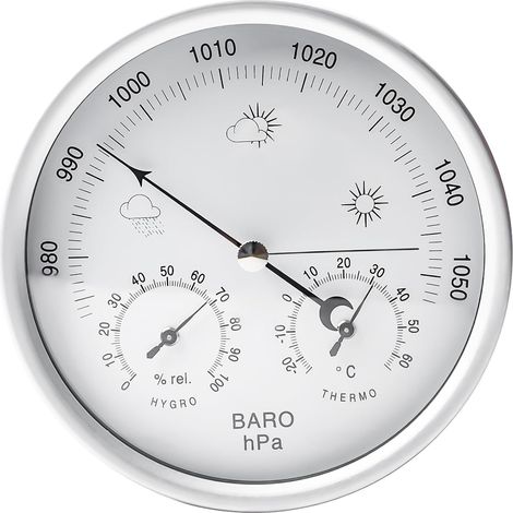 Station météo analogique : baromètre, hygromètre et thermomètre 3 en 1 pour l'intérieur et l'extérieur – Ø 13,2 cm Cadre en acier inoxydable Rétro Baromètre analogique pour surveillance de l'air (1/5)