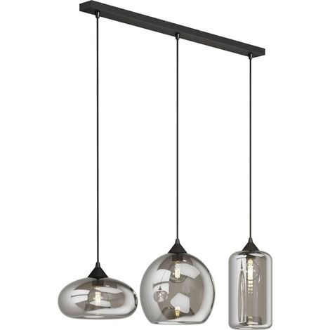 Suspension à intensité variable en métal gris fumé – 3 lampes – Longueur 102 cm – Abat-jours en verre pour salon et salle à manger