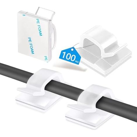 Lot de 100 Clips Câbles, Cable Adhesif Rangement Câble, Attache Câble Auto Collant, Organisateur Serre-câbles, Crochets pour Fixation câbles, Grand Blanc Groß-100stück (1/5)