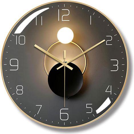 Moderne Silent-Wanduhr, 30 cm Durchmesser, Runde Digitaluhr mit Quarz (Schwarz)