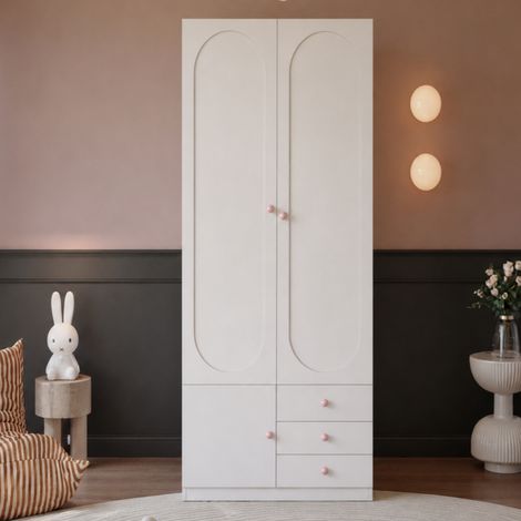 Armoire enfant 80 x 50 x 200 cm, 2 portes, penderie, tiroirs, tringle et grand rangement pour chambre, poignées céramique roses, laqué blanc (1/5)